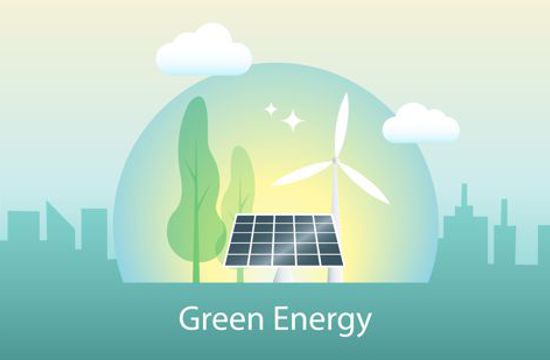 Illustration featuring wind turbine, solar panel and green trees with city skyscape in background with text displaying Green Energy